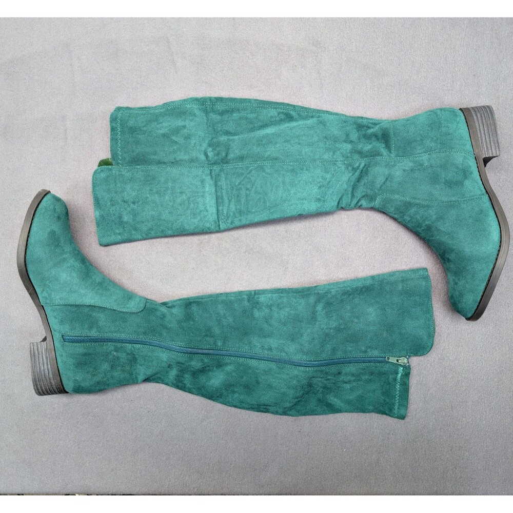 Allegra K Women Size 8 Green Faux Suede Knee High Boots Low Block Heel Side Zip